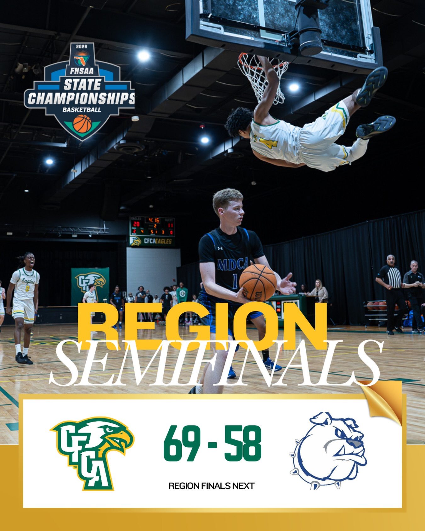 Region semifinal final score graphic, CFCA 69 to 58, region finals next