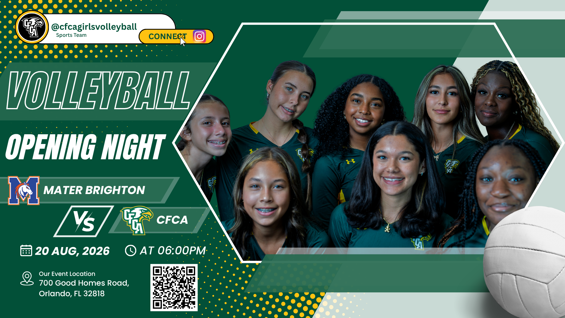 CFCA Girls Volleyball opening night promotional graphic for Mater Brighton on August 20, 2026