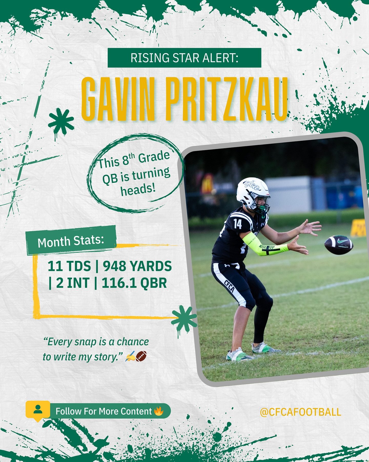 Football player recognition graphic with monthly statistics