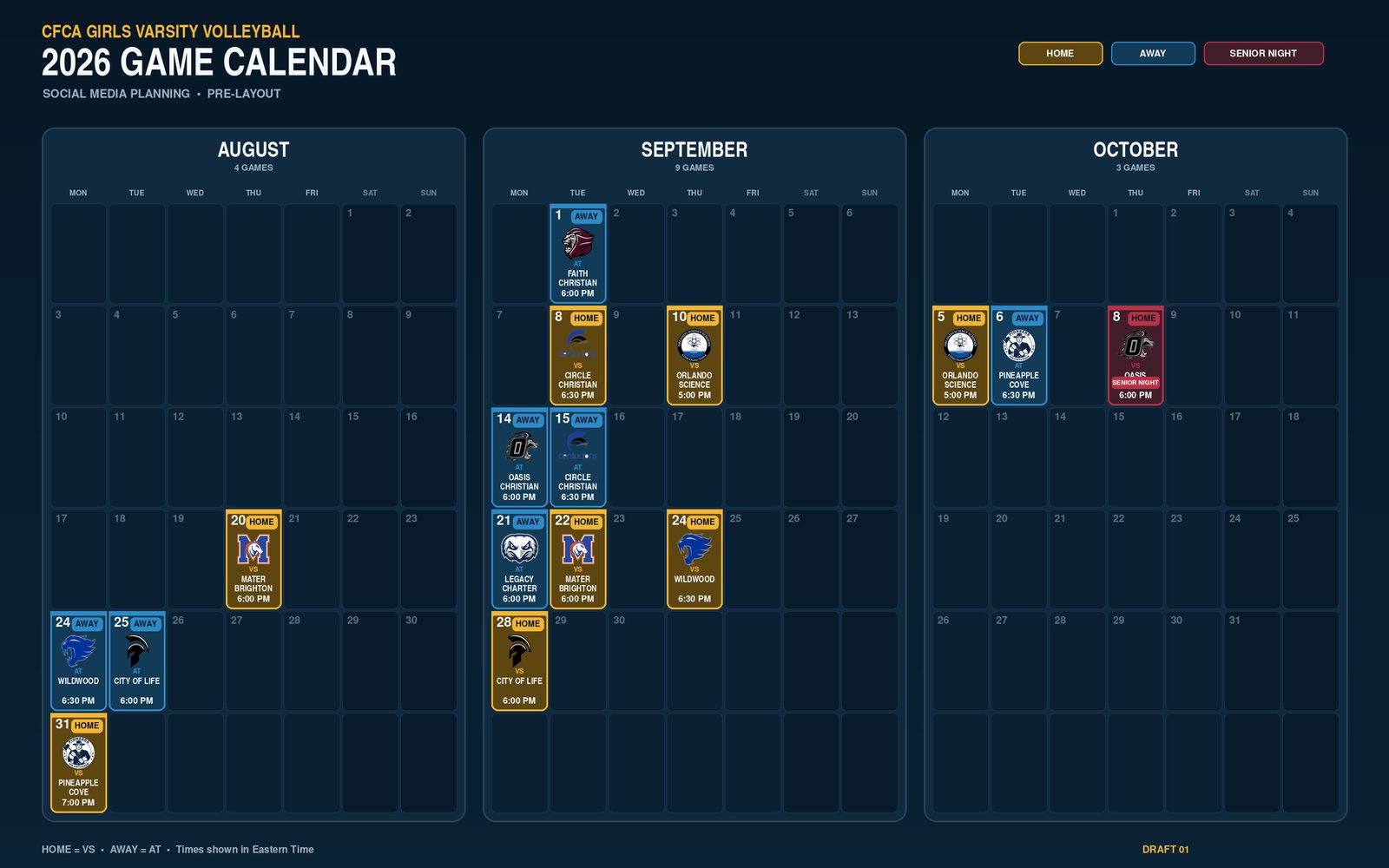 2026 game calendar laid out across August, September and October for social media planning